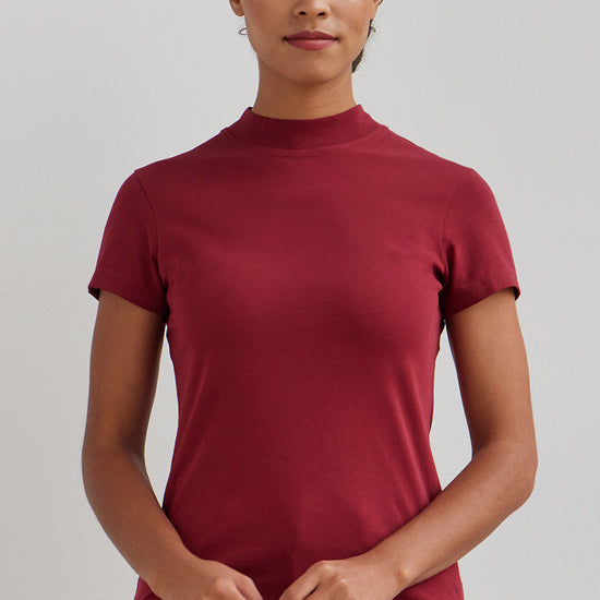 womens organic cotton slim mock neck tee - bonfire red - fair indigo fair trade ethically made