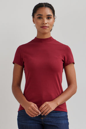 womens organic cotton slim mock neck tee - bonfire red - fair indigo fair trade ethically made