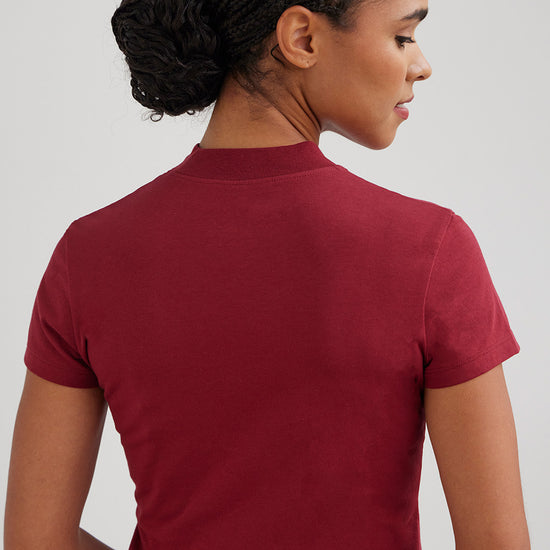 womens organic cotton slim mock neck tee - bonfire red - fair indigo fair trade ethically made