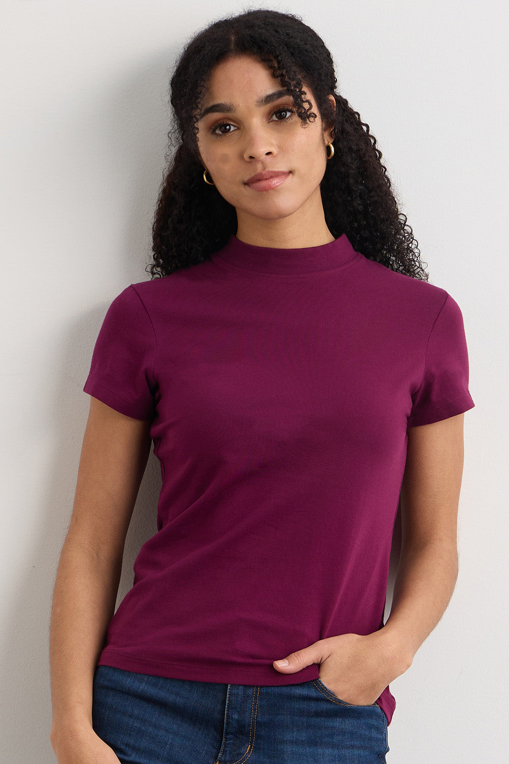 womens organic cotton slim mock neck tee - boysenberry magenta purple - fair indigo fair trade ethically made