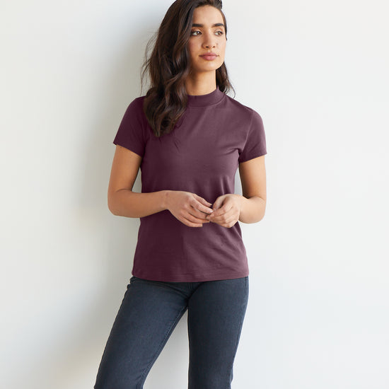 womens organic pima cotton slim fit mock neck tee - raisin purple - fair indigo fair trade ethically made