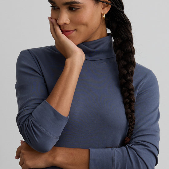 womens organic all cotton luxe turtleneck - slate blue - fair indigo fair trade ethically made