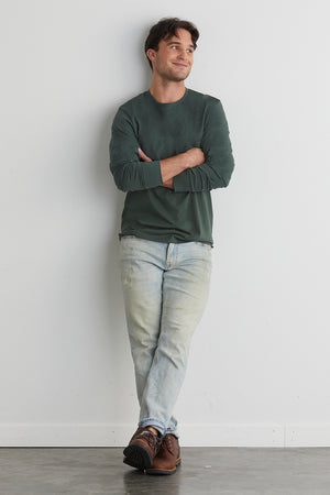 mens organic cotton long sleeve t-shirt - balsam green- fair indigo - ethically made fair trade