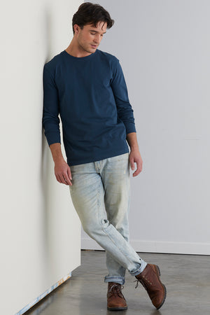 mens organic cotton long sleeve t-shirt - dark ocean blue- fair indigo - ethically made fair trade