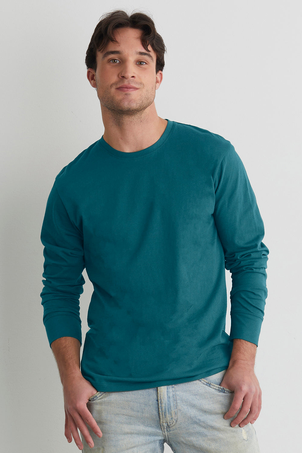 Men's Organic All-Cotton Long Sleeve Crew Neck T-Shirt - Fair Indigo, Size M / Deep Teal