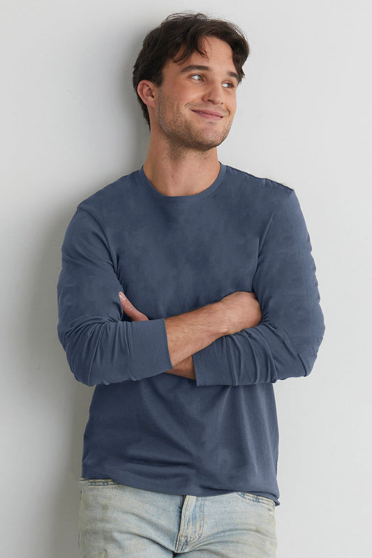 mens organic 100% cotton long sleeve t-shirt - slate blue- fair indigo - ethically made fair trade