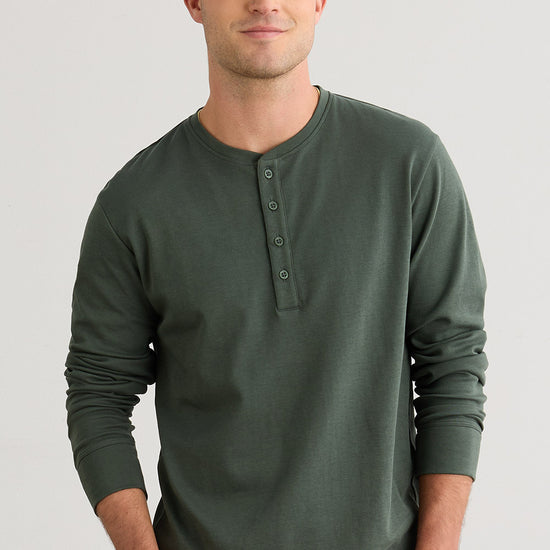 mens organic all cotton henley shirt - balsam green - fair indigo ethically made