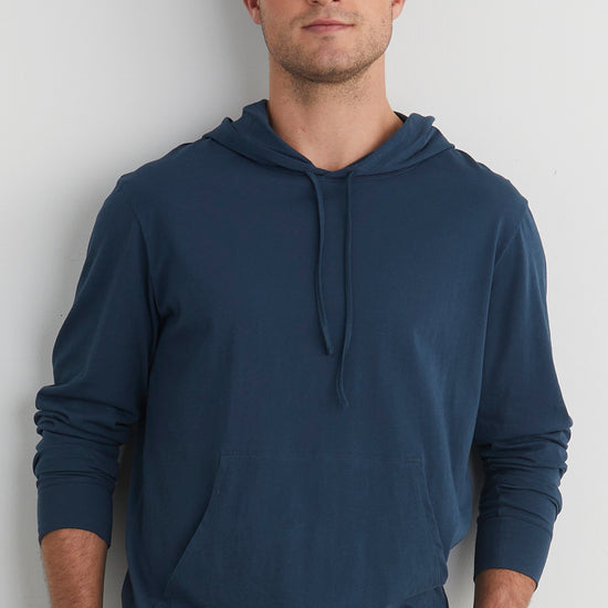 mens organic 100% cotton lightweight pullover hoodie dark ocean blue - fair indigo - fair trade - ethically made