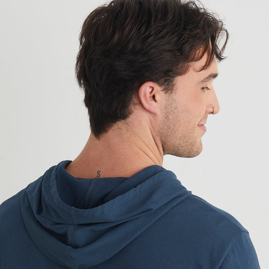 mens organic 100% cotton lightweight pullover hoodie dark ocean blue - fair indigo - fair trade - ethically made