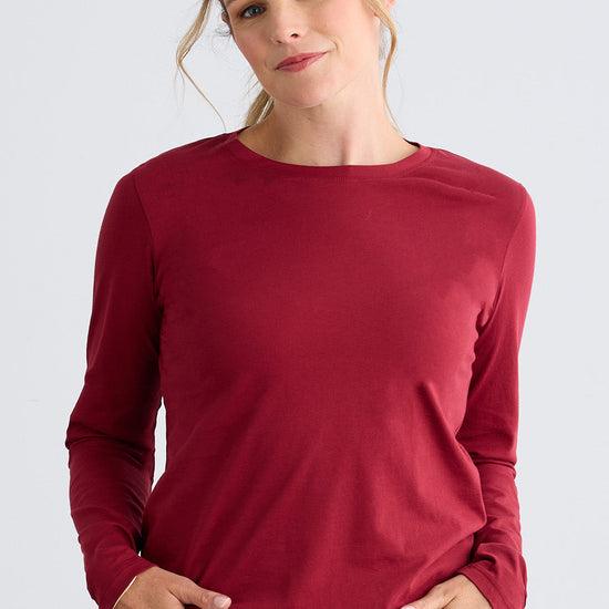 Women's 100% Organic Cotton Relaxed Long Sleeve Crew Neck T-Shirt | Bonfire Red | Fair Indigo | Ethically Made Clothing | Fair Trade Clothes