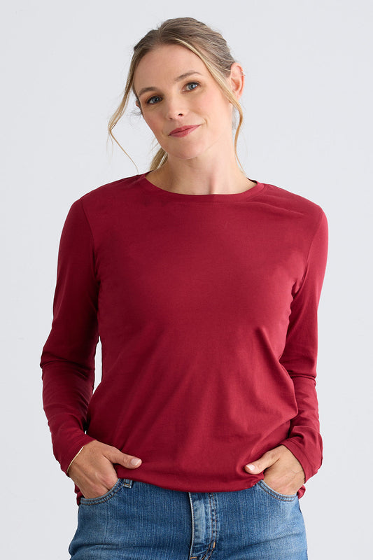 Women's 100% Organic Cotton Relaxed Long Sleeve Crew Neck T-Shirt | Bonfire Red | Fair Indigo | Ethically Made Clothing | Fair Trade Clothes