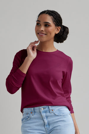 womens 100% cotton relaxed long sleeve crew neck tee - boysenberry magenta - fair trade ethically made