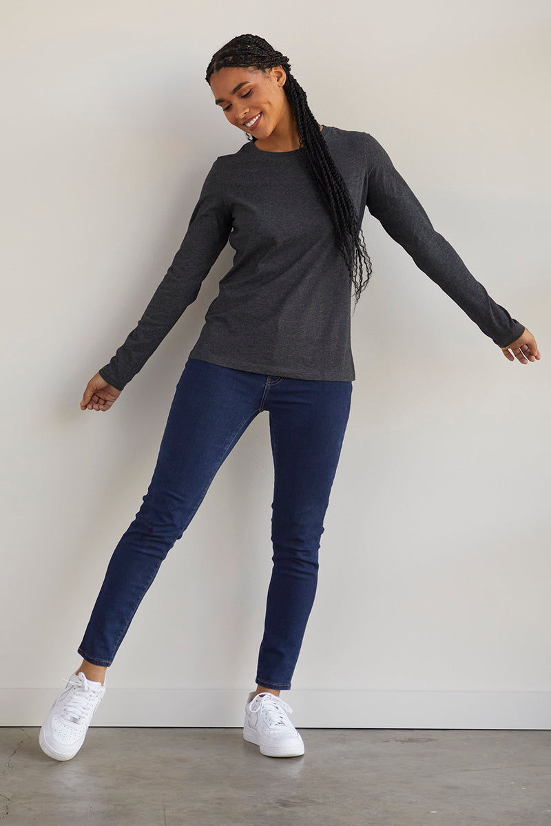 womens 100% cotton relaxed long sleeve crew neck tee - undyed natural cotton - fair trade ethically made