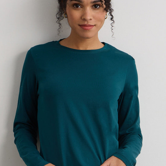 Women's 100% Organic Cotton Relaxed Long Sleeve Crew Neck T-Shirt | Deep Teal Green | Fair Indigo | Ethically Made Clothing | Fair Trade Clothes