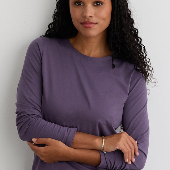 Women's 100% Organic Cotton Relaxed Long Sleeve Crew Neck T-Shirt | Purple Twilight | Fair Indigo | Ethically Made Clothing | Fair Trade Clothes