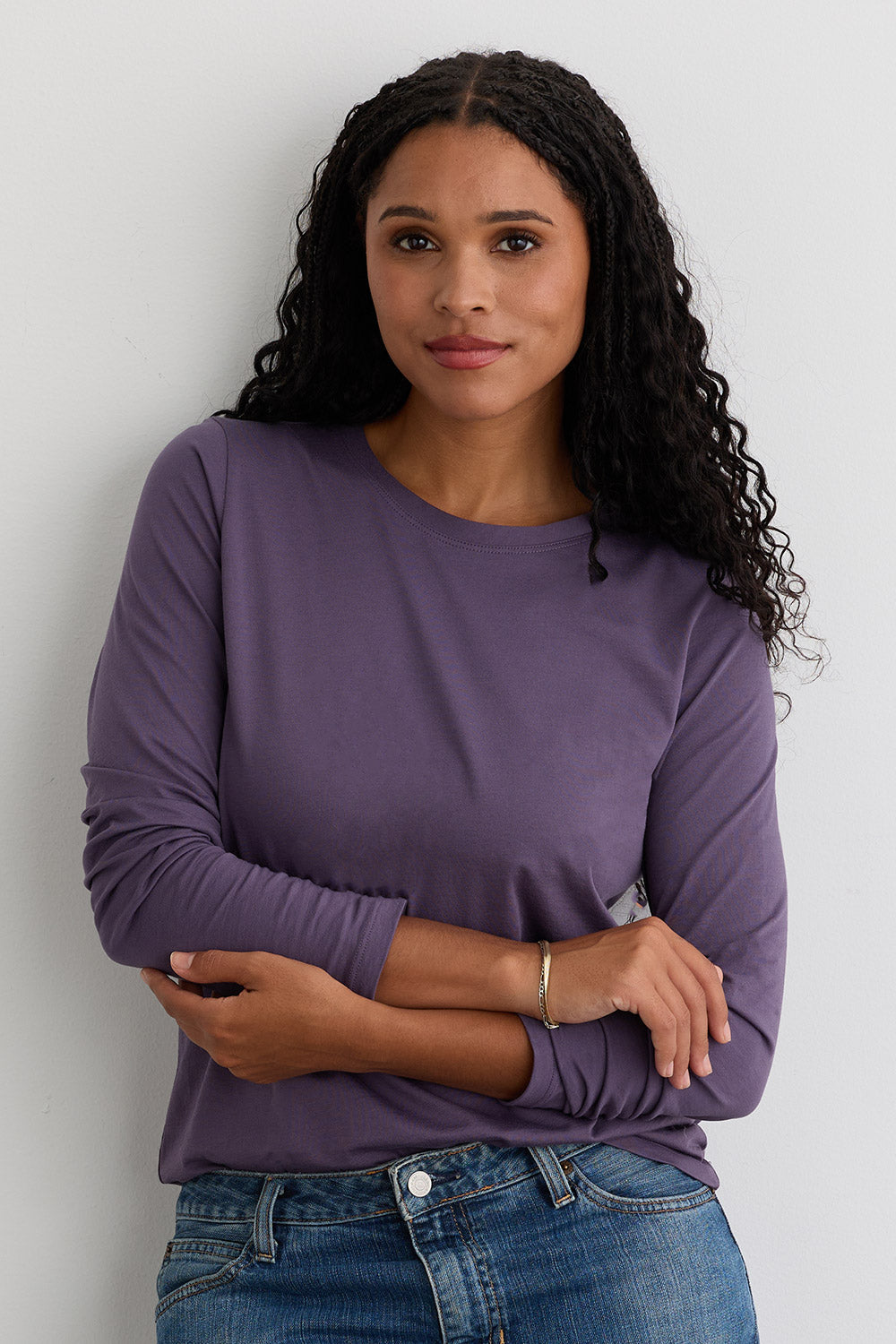 Women's 100% Organic Cotton Relaxed Long Sleeve Crew Neck T-Shirt | Purple Twilight | Fair Indigo | Ethically Made Clothing | Fair Trade Clothes
