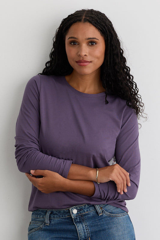 Women's 100% Organic Cotton Relaxed Long Sleeve Crew Neck T-Shirt | Purple Twilight | Fair Indigo | Ethically Made Clothing | Fair Trade Clothes