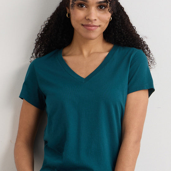 Women's 100% Organic Cotton Relaxed V-neck T-shirt | Deep Teal Green | Fair Indigo | Ethically Made Clothing | Fair Trade Clothes