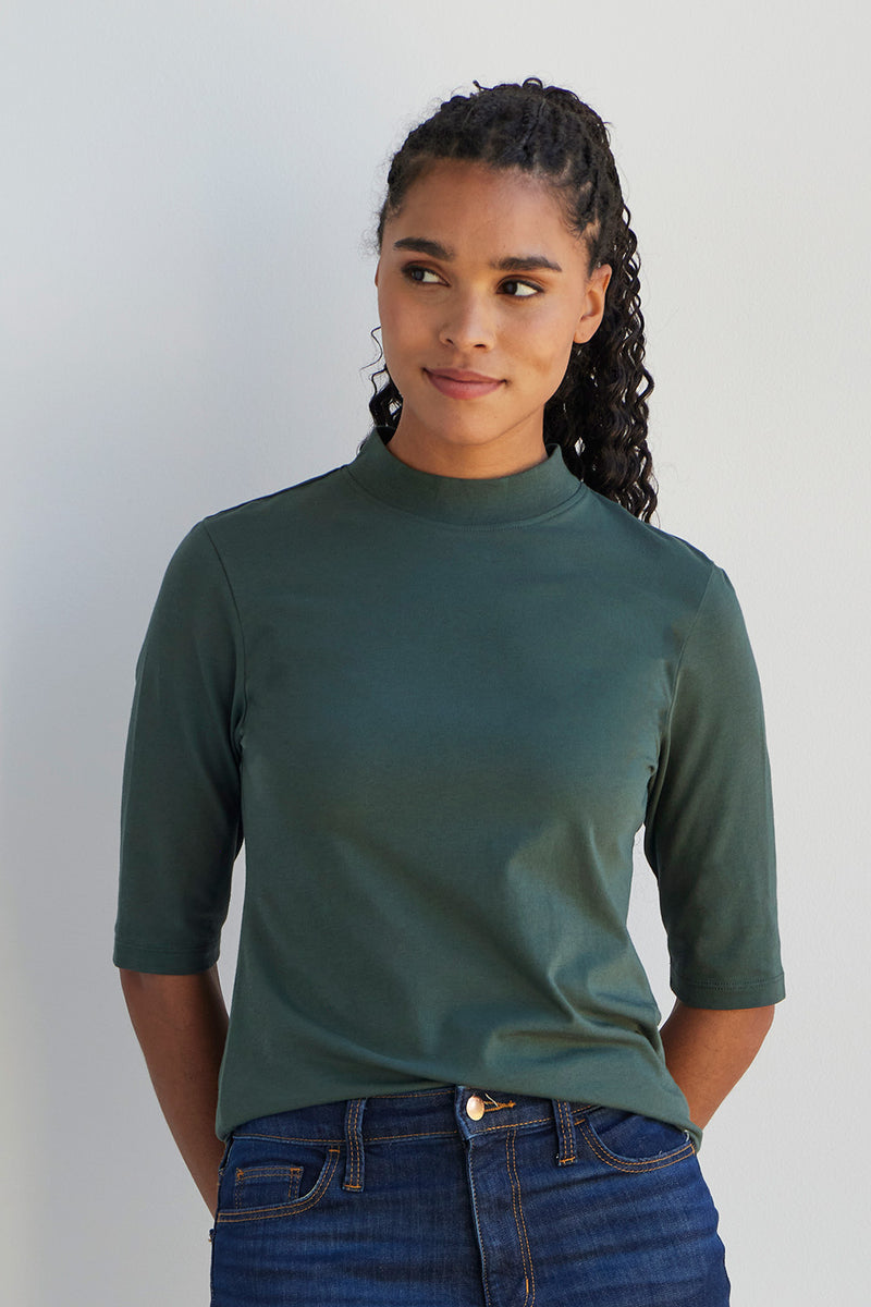 womens organic cotton half sleeve mock neck t-shirt - balsam green - fair indigo fair trade ethically made