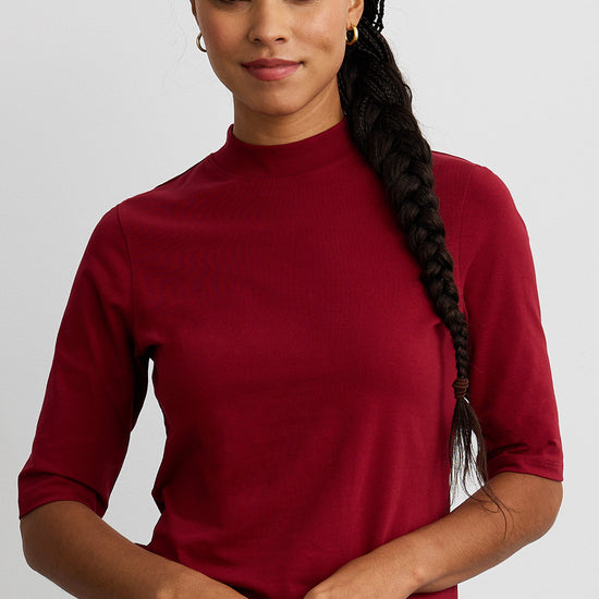 womens organic pima cotton half sleeve mock neck tee - bonfire red- fair indigo fair trade ethically made