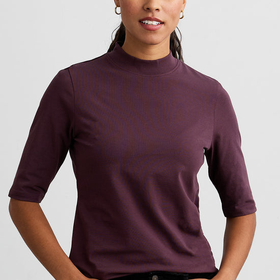womens organic cotton half sleeve mock neck top - raisin purple - fair indigo fair trade ethically made