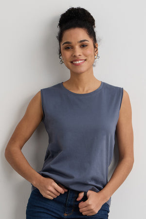 womens organic cotton sleeveless tee - slate blue - ethically made - fair trade clothing - fair indigo