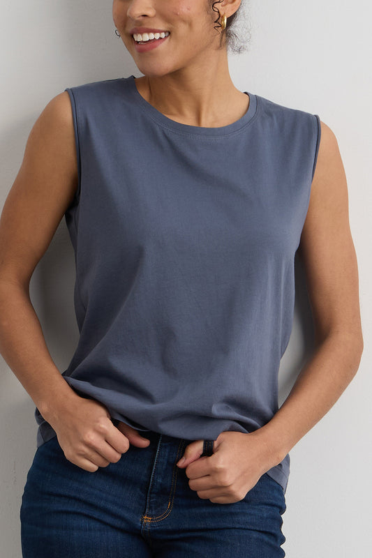 womens organic cotton sleeveless tee - slate blue - ethically made - fair trade clothing - fair indigo