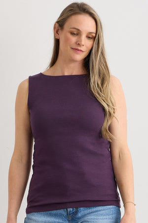 womens 100% organic cotton luxe sleeveless tee - eggplant purple - fair indigo fair trade ethically made
