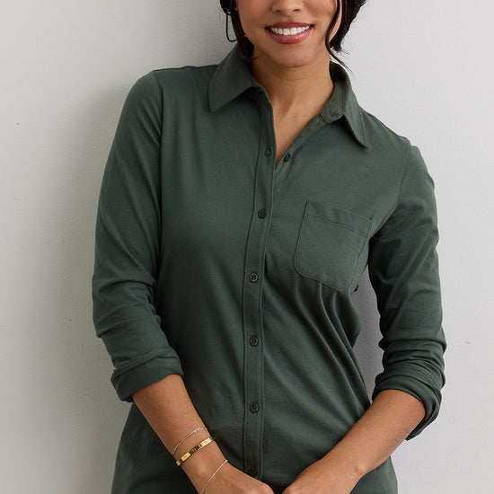 Women's 100% Cotton Knit Button Down Shirt | Fair Indigo Women's 100% Cotton Knit Button Down Shirt | Fair Indigo