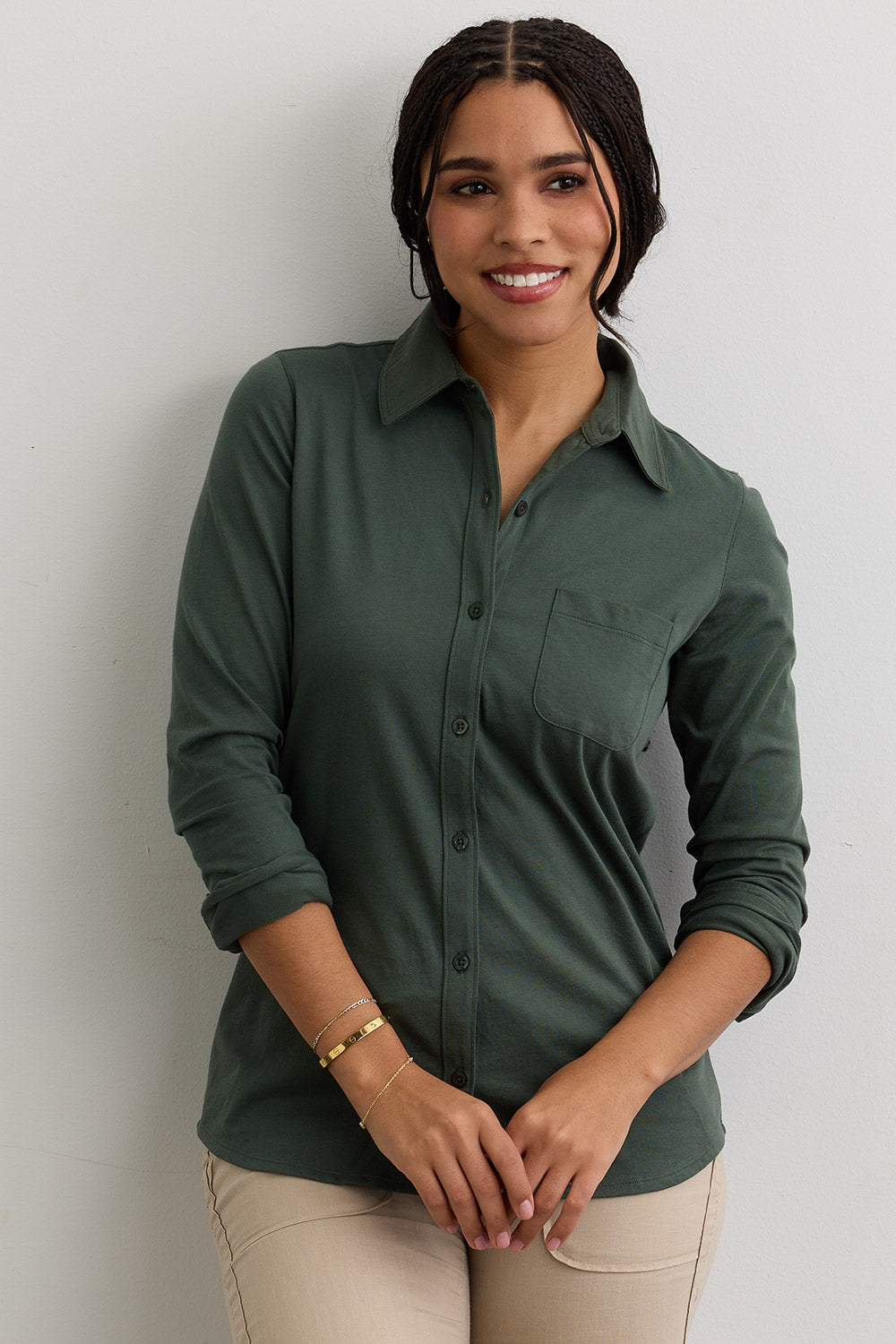 ladies dress shirts long sleeve Women's 100% Cotton Knit Button Down Shirt