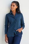 womens 100% organic cotton knit button down shirt- dark ocean blue - fair trade ethically made