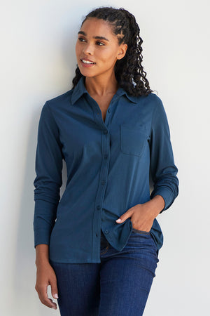 womens 100% organic cotton knit button down shirt- dark ocean blue - fair trade ethically made