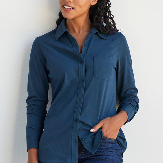 womens organic 100% cotton knit button down shirt- dark ocean - fair trade ethically made