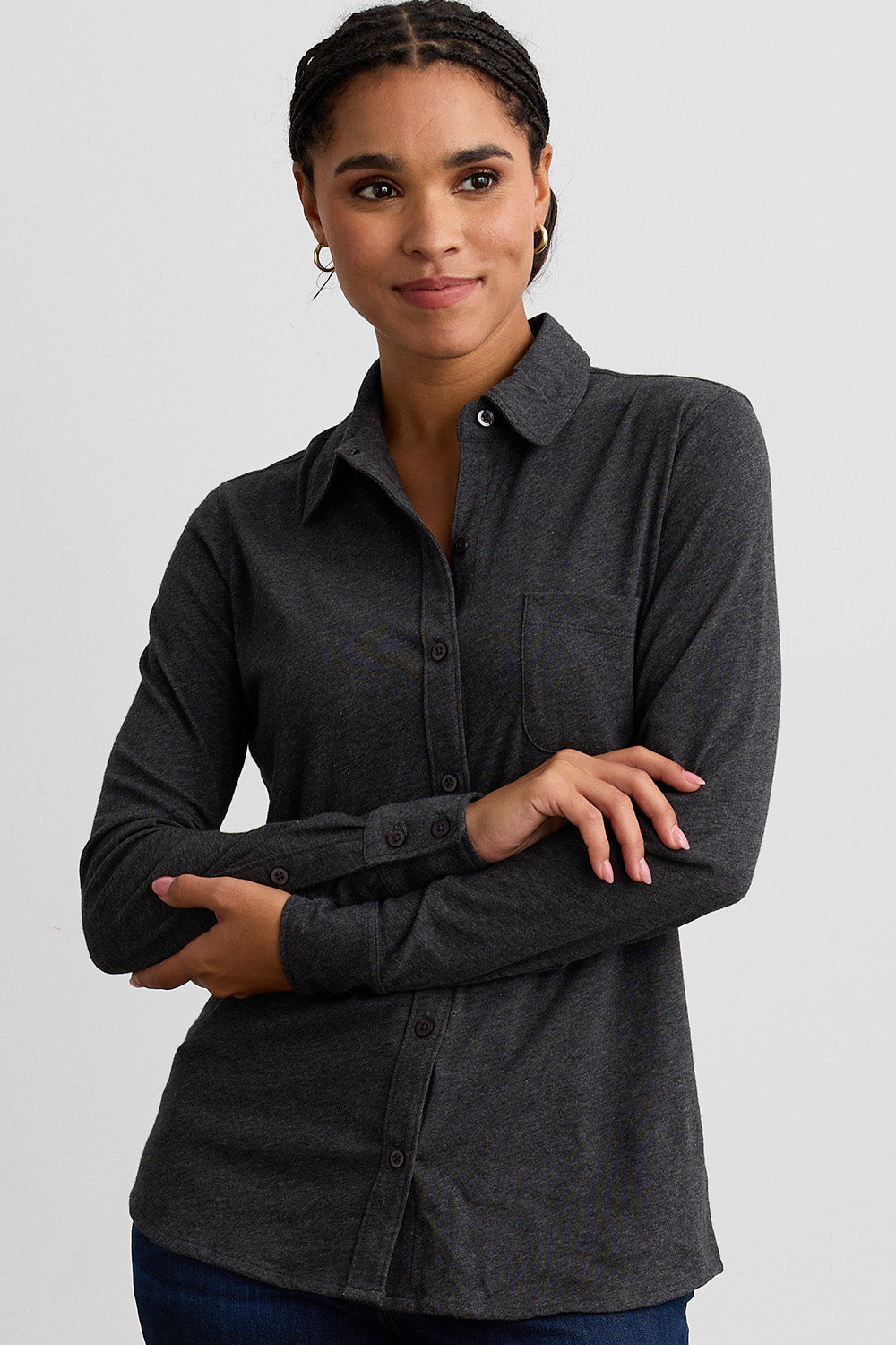 Women's 100% Cotton Knit Button Down Shirt | Fair Indigo Women's 100% Cotton Knit Button Down Shirt | Fair Indigo