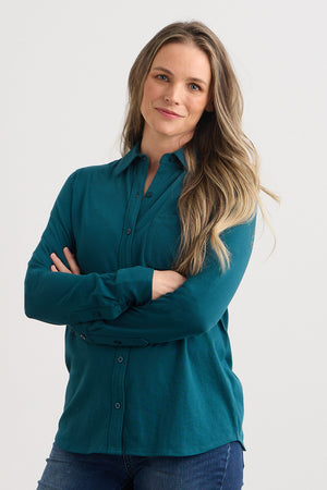 womens 100% organic cotton knit blouse - deep teal green - fair trade ethically made
