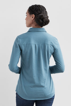 womens 100% organic cotton knit button down shirt- horizon blue - fair trade ethically made