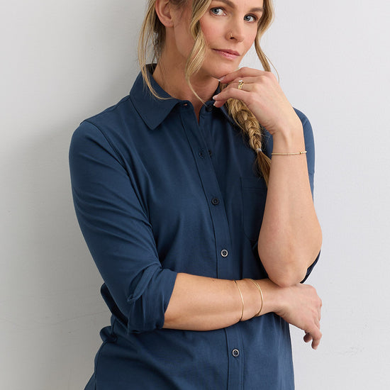 Women's 100% Cotton Knit Button Down Shirt | Fair Indigo Women's 100% Cotton Knit Button Down Shirt | Fair Indigo