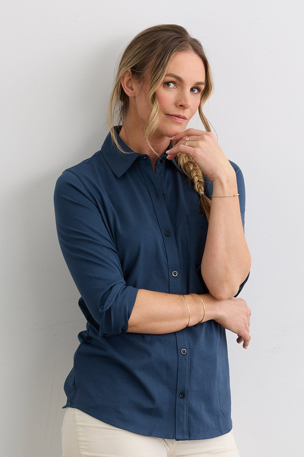 Women's 100% Cotton Knit Button Down Shirt