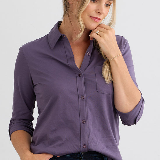 Women's 100% Organic Cotton Knit Button Down Shirt - Purple Twilight