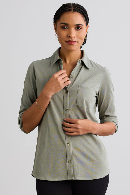 Good American Cotton Blend Button-Down Shirt in Sepia, Size 1 main image 1