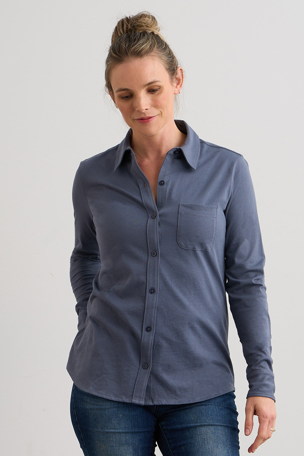 Women's 100% Cotton Knit Button Down Shirt