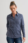womens 100% organic cotton knit button down shirt- slate blue - fair trade ethically made