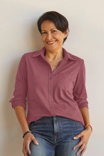 Organic Cotton Knit Button Down Shirt in Pink main image 1