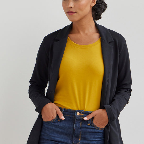 womens organic cotton relaxed knit blazer - black - fair indigo fair trade ethically made