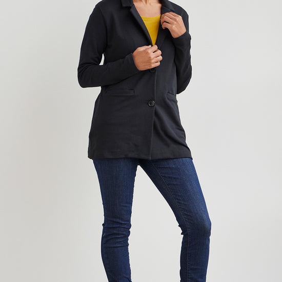 womens organic cotton relaxed knit blazer - black - fair indigo fair trade ethically made