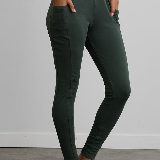 womens organic 100% cotton pocket leggings - balsam green - fair indigo fair trade ethically made