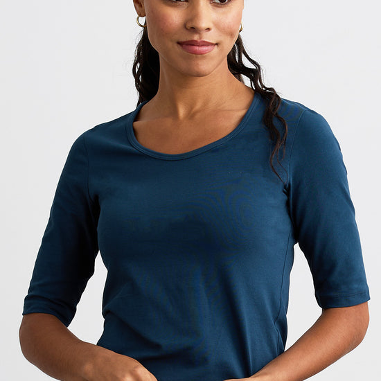 womens organic half elbow sleeve scoop neck t-shirt - dark ocean blue - fair indigo - fair trade