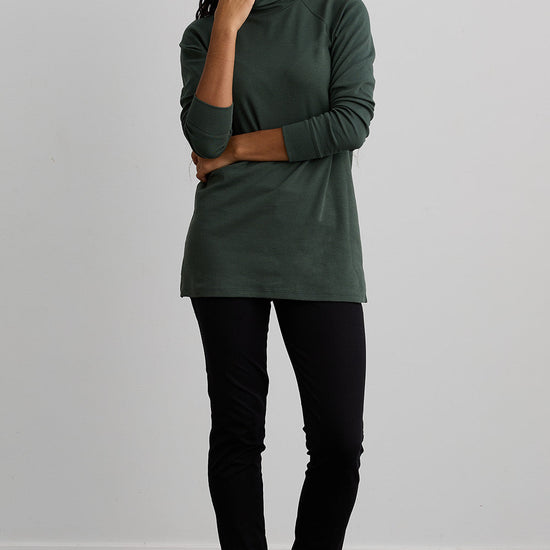 womens 100% organic pima cotton luxe mock neck tunic balsam green - fair indigo ethically made