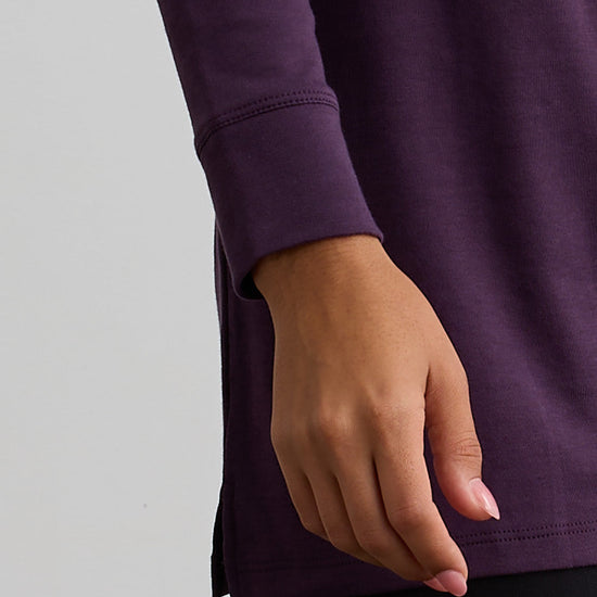 womens organic all cotton luxe mock neck tunic eggplant purple - fair indigo ethically made