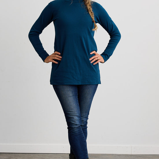 womens 100% organic cotton luxe mock neck tunic peacock blue - fair indigo ethically made